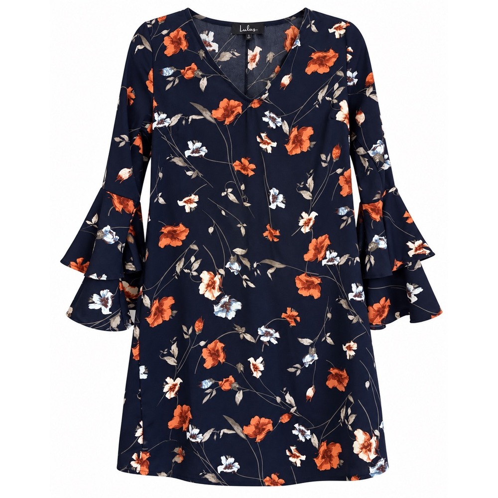 Lulus Floral Shift Dress S Navy Double Ruffle Sleeve Boho Romantic Mini